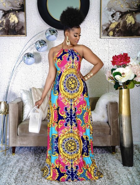 Fashionable Womens digital printing sexy halter neck big swing dress Womens dress CM2123