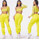 Mesh top + organ pocket stitching woven fabric trousers B9185