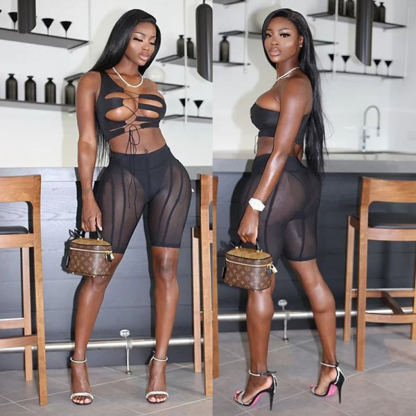 Three-piece women's suit with irregular straps and sexy mesh tight shorts B9282