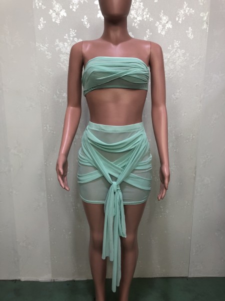 Irregular bandage mesh see-through sexy tube top two-piece nightclub outfit B9278