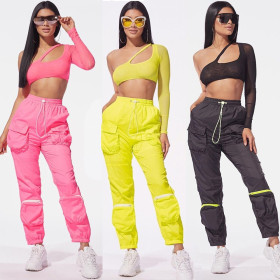 Mesh top + organ pocket stitching woven fabric trousers B9185