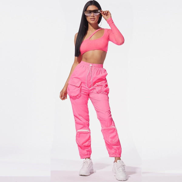 Mesh top + organ pocket stitching woven fabric trousers B9185