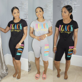 Two-piece short-sleeved suit with solid color letter printing B9224