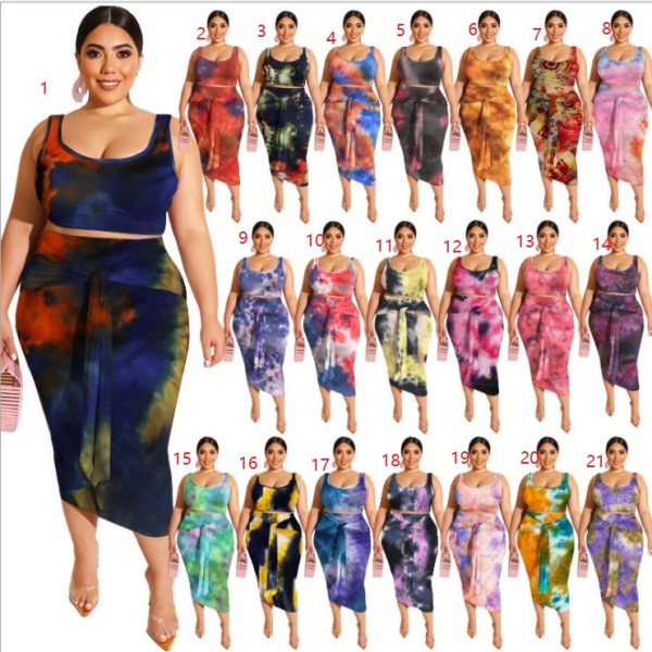 Tie-dye printed tight-fitting hip-fit fashion casual suit plus size Womens two-piece suit OSS20778