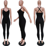 Pure color high elastic pit strip fabric casual sling jumpsuit BN172