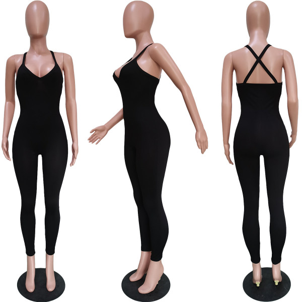 Pure color high elastic pit strip fabric casual sling jumpsuit BN172