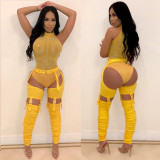 Sexy waistband trousers with metal buckle machine eye irregular pleated feet pants B9151