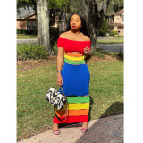 Fashion color matching print, burnt sexy one-shoulder dress B9281