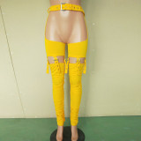 Sexy waistband trousers with metal buckle machine eye irregular pleated feet pants B9151