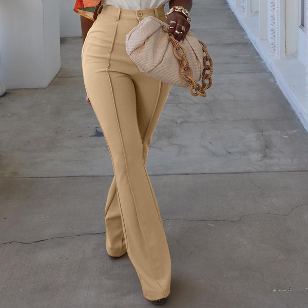 Pure color casual button zipper rib bottom trousers BN171