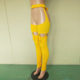 Sexy waistband trousers with metal buckle machine eye irregular pleated feet pants B9151