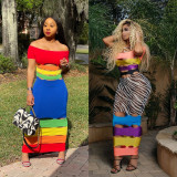 Fashion color matching print, burnt sexy one-shoulder dress B9281