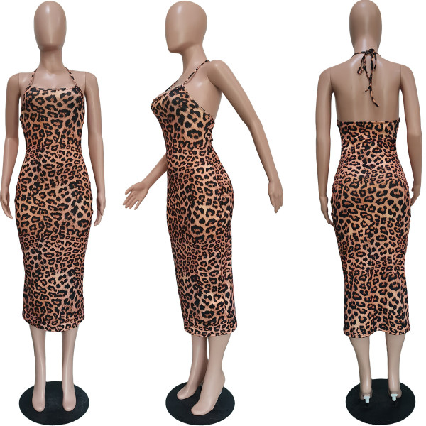 Fashion leopard print suspender halter dress BN170