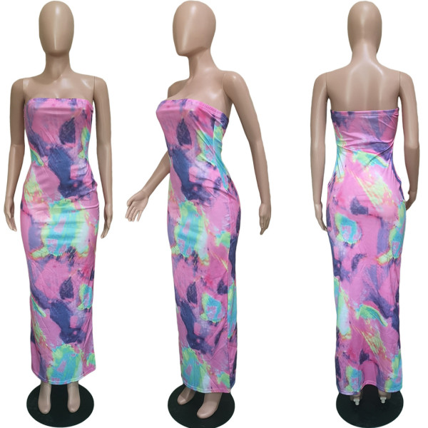 Colorful tie-dye strapless breast wrap dress BN063