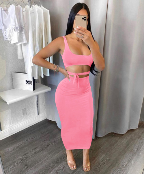 Solid color sling bar belly multicolor skirt suit BN161