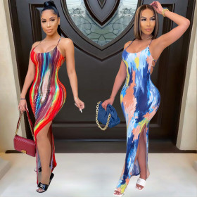 Tie-dye printed suspender halter dress BN148