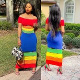Fashion color matching print, burnt sexy one-shoulder dress B9281
