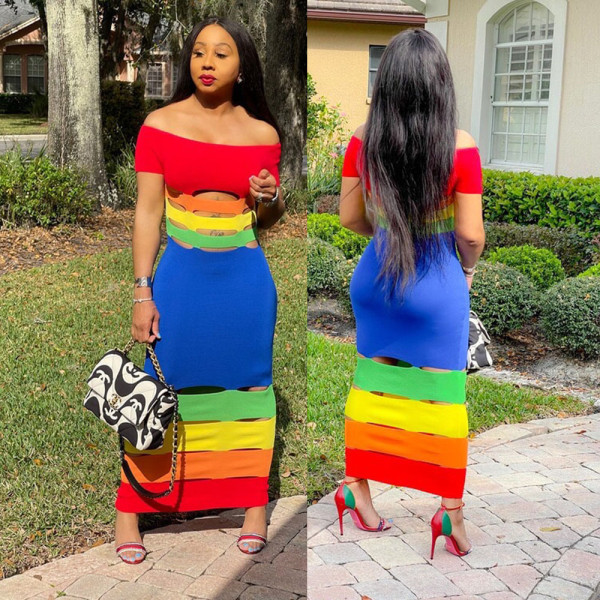 Fashion color matching print, burnt sexy one-shoulder dress B9281