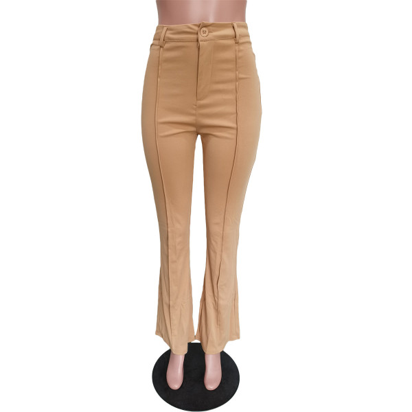 Pure color casual button zipper rib bottom trousers BN171