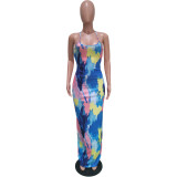 Tie-dye printed suspender halter dress BN148