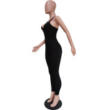 Pure color high elastic pit strip fabric casual sling jumpsuit BN172
