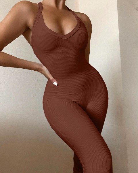 Pure color high elastic pit strip fabric casual sling jumpsuit BN172