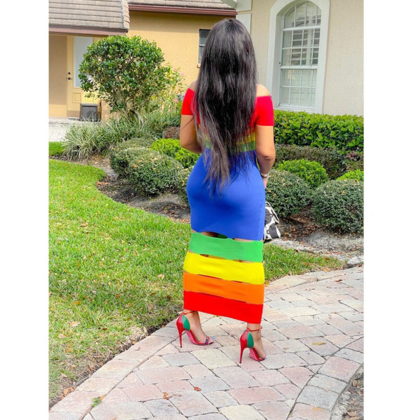 Fashion color matching print, burnt sexy one-shoulder dress B9281