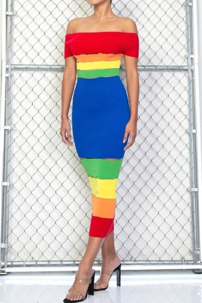 Fashion color matching print, burnt sexy one-shoulder dress B9281