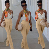 Pure color casual button zipper rib bottom trousers BN171