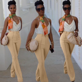 Pure color casual button zipper rib bottom trousers BN171