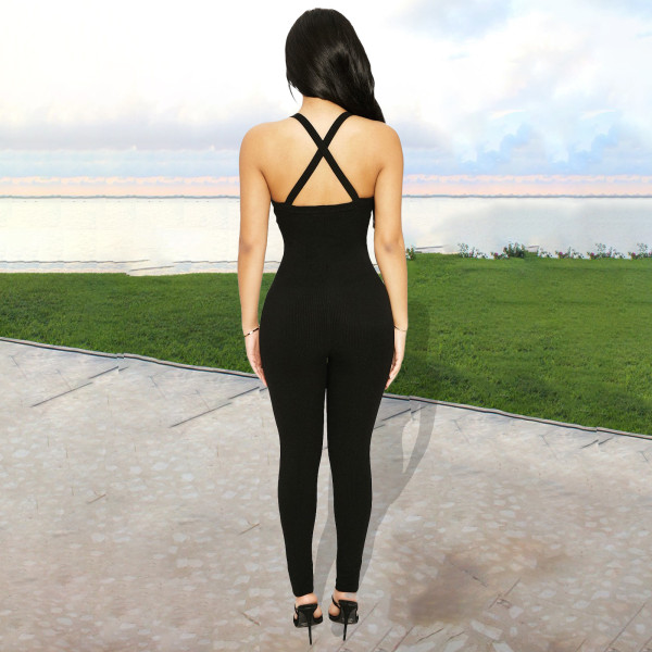 Pure color high elastic pit strip fabric casual sling jumpsuit BN172