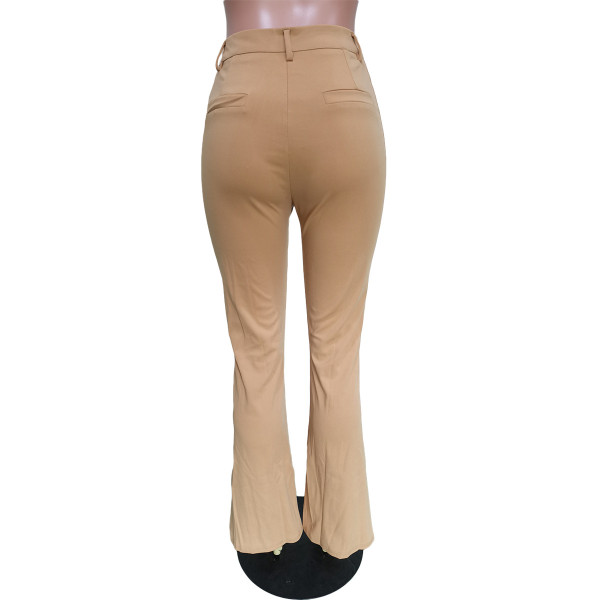 Pure color casual button zipper rib bottom trousers BN171