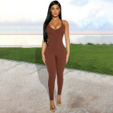Pure color high elastic pit strip fabric casual sling jumpsuit BN172