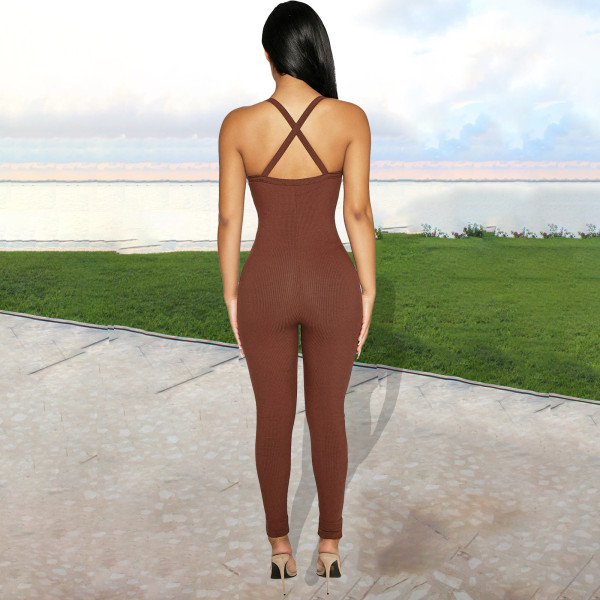 Pure color high elastic pit strip fabric casual sling jumpsuit BN172