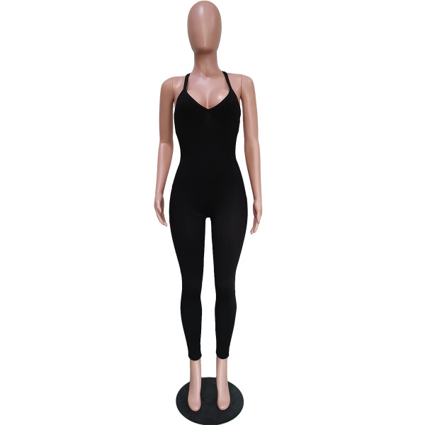 Pure color high elastic pit strip fabric casual sling jumpsuit BN172