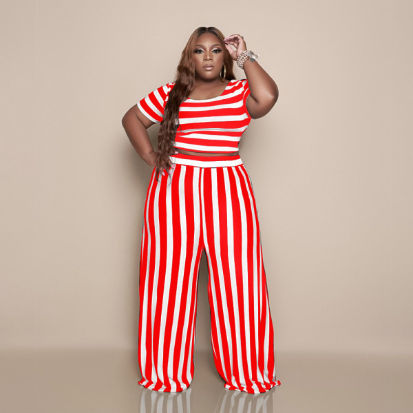 Fashion striped plus size wide-leg casual suit F8081