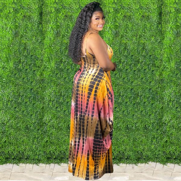 Tie-dye colorful print sling loose dress X9305