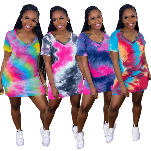 Casual v-neck tie-dye dress F8070-1