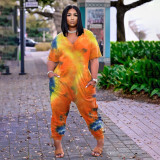 Tie-dye fashion street wear short-sleeved plus size loose jumpsuit F8061-1