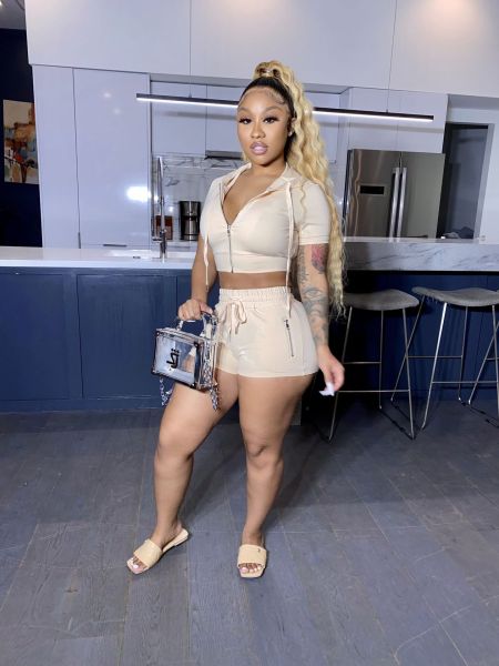 Pure color hooded cropped T-shirt shorts casual suit two-piece suit X9301