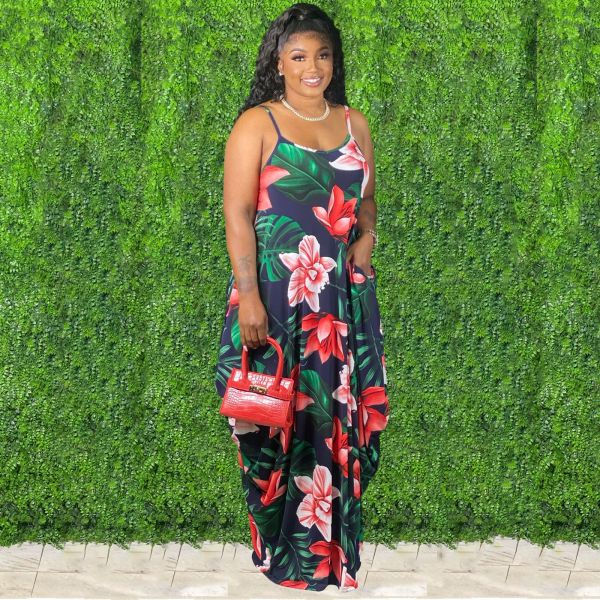 Tie-dye colorful print sling loose dress X9305