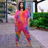 Tie-dye fashion street wear short-sleeved plus size loose jumpsuit F8061-1