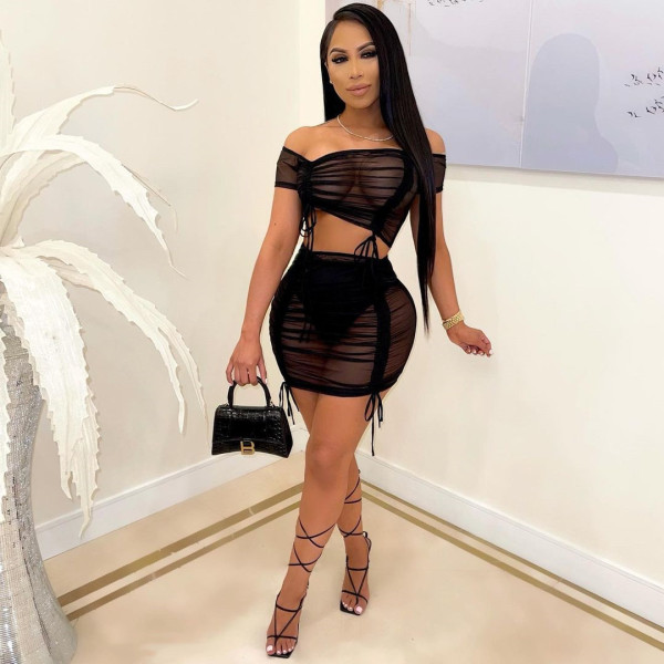 Sexy see-through mesh pleated two-piece suit F8079