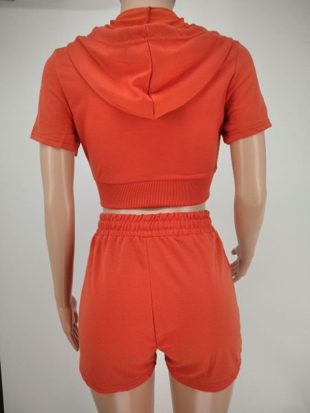 Pure color hooded cropped T-shirt shorts casual suit two-piece suit X9301
