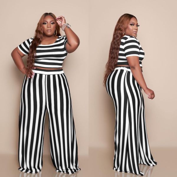 Fashion striped plus size wide-leg casual suit F8081