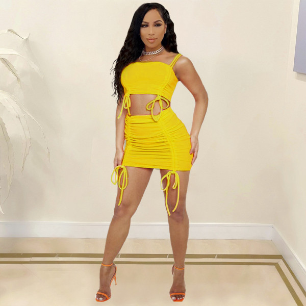 Fashion casual pleated yellow two-piece suit K6003-1