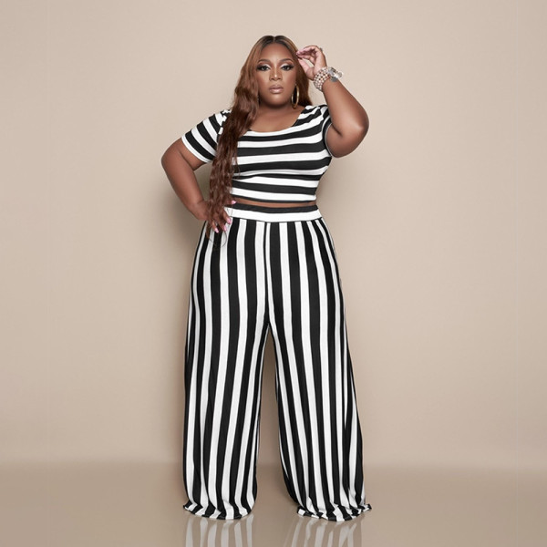 Fashion striped plus size wide-leg casual suit F8081