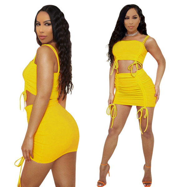 Fashion casual pleated yellow two-piece suit K6003-1