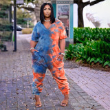 Tie-dye fashion street wear short-sleeved plus size loose jumpsuit F8061-1