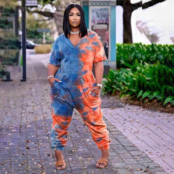 Tie-dye fashion street wear short-sleeved plus size loose jumpsuit F8061-1